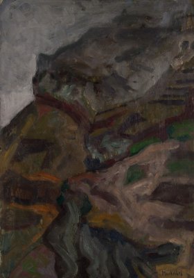 Santorini, Storm (First Phase) — Oil painting, Fiberboard, 35.00×50.00cm — Theodoros Markellos